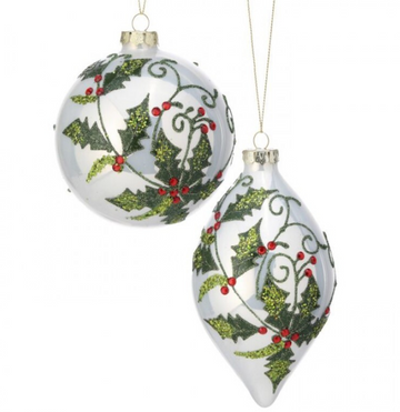 4-6" Holly Glass Ball Ornament (Set of 2)