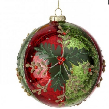 5" Glass Holly Ball Ornament