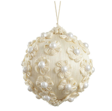 5" Ivory Yarn Pearl Floral Ball Ornament