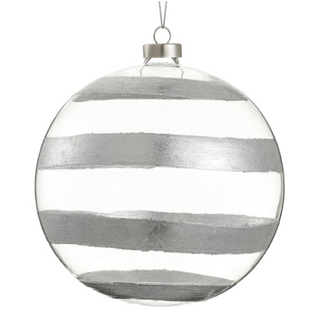 6" Clear and Silver Striped Glass Ball Ornament