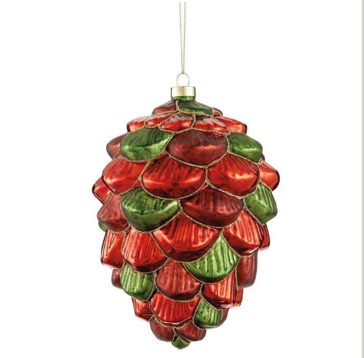 8" Glittered Red and Green Pinecone Ornament