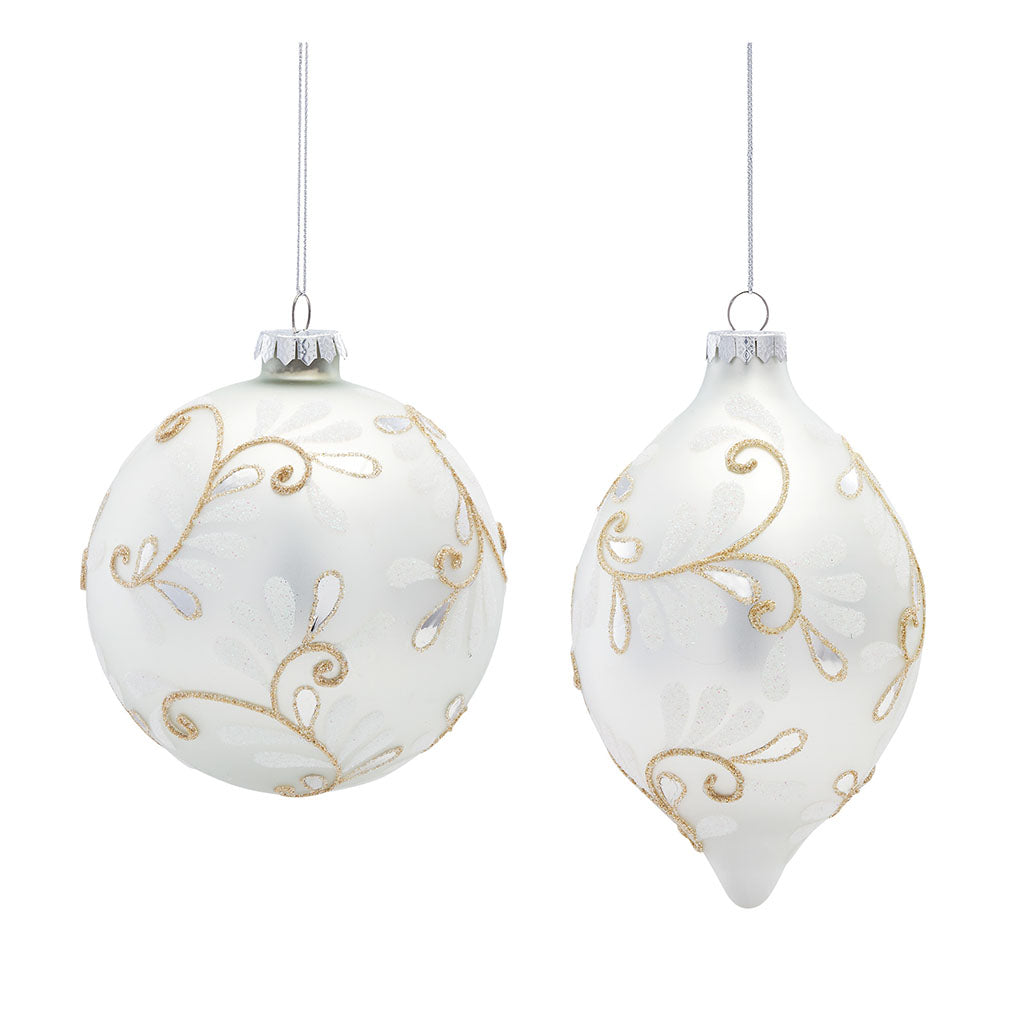 5.75-7.25” White Glass Ornaments with Gold Swirls (Set of 2) – Noel Decor